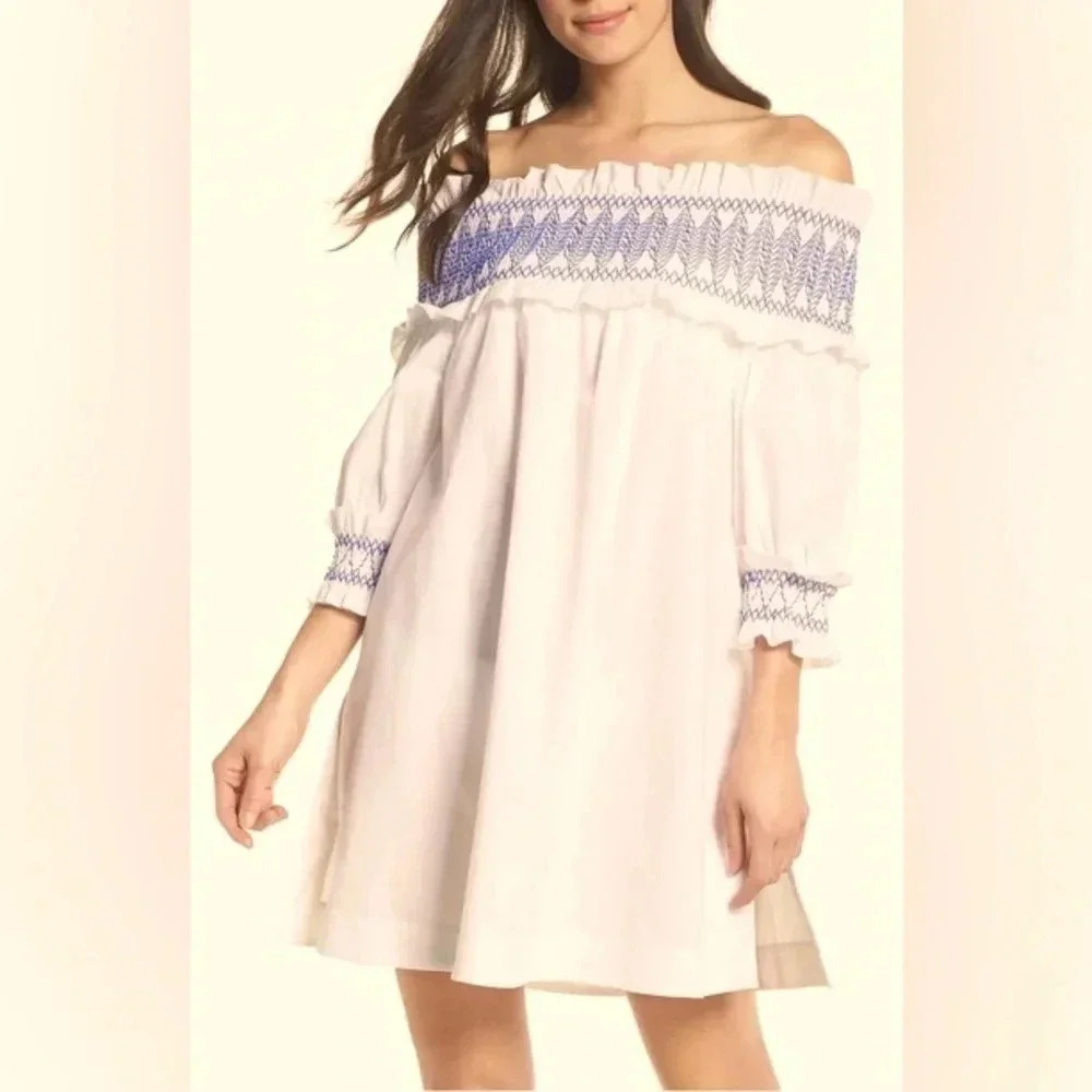 Ted Baker Aussie Swimsuit Coverup size large cream/blue smocking - NWT